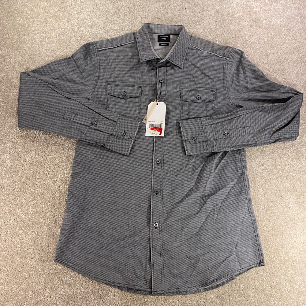 7 Diamonds Button Up Shirt Mens Small Gray Geometric Print Long Sleeve Cotton